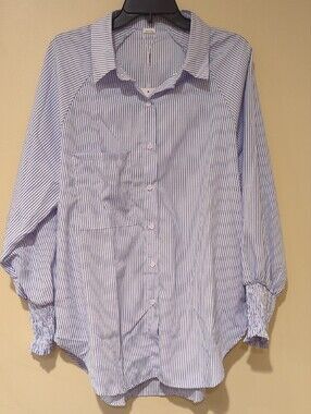 ASVIVID Blue & White Striped Long Sleeve Button Up Shirt w/Ruffle Cuff, XL